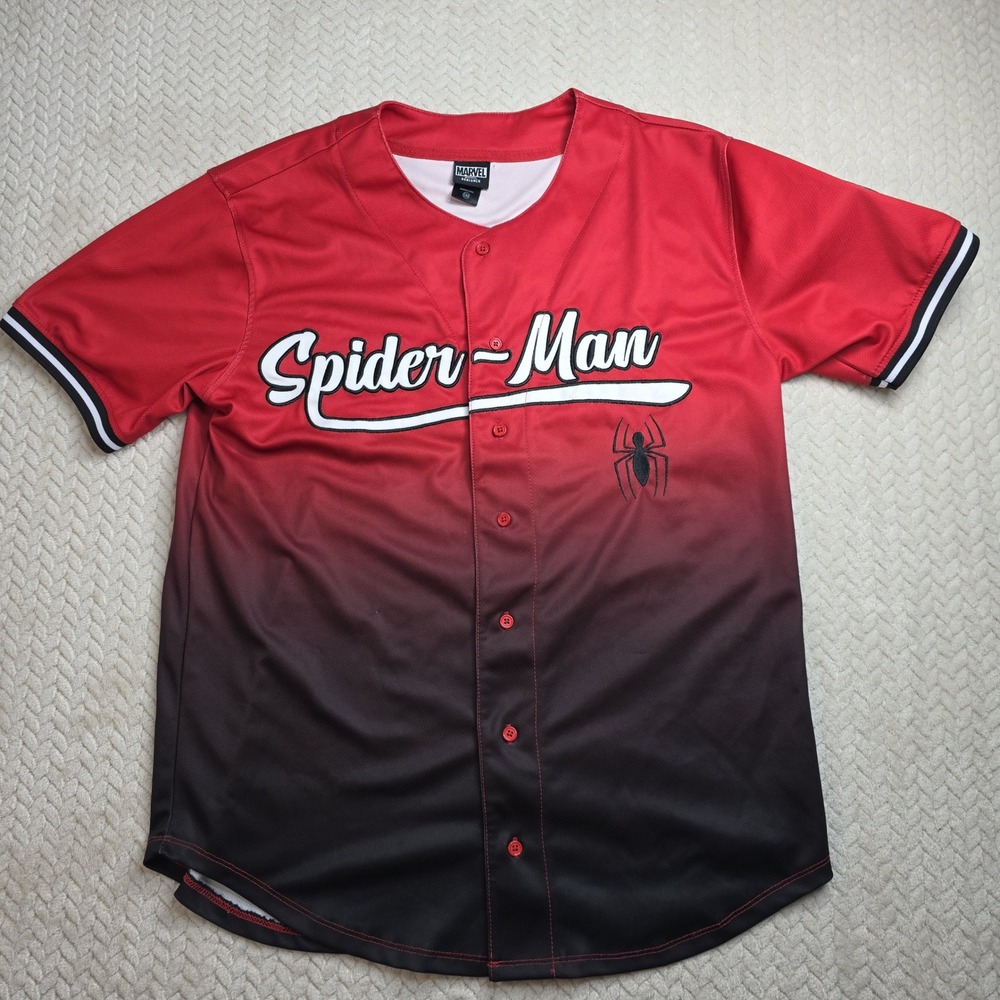 Marvel BoxLunch Spider-Man Baseball Jersey Red Black Ombre Stitched Mens Small